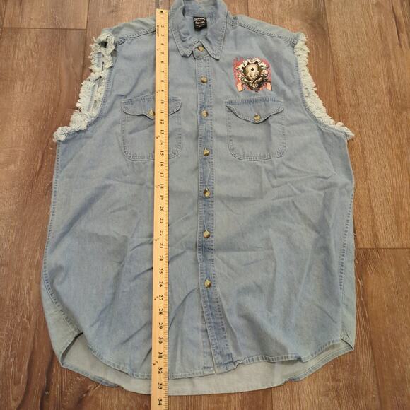 VTG Biker Cutoff Men XXL Button Up Denim Shirt Skull Cards Dice Guns Punk Flame - Picture 4 of 7